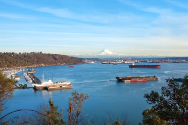 Tacoma port with cargo ships and Mt. Ranier. clipart