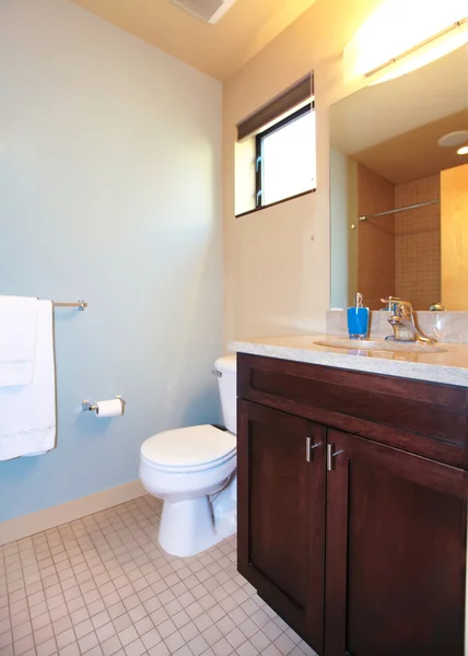 Pequeno banheiro azul com armário de madeira . — Fotografia de Stock