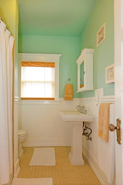 Small green bathroom with white sink. — Stok fotoğraf