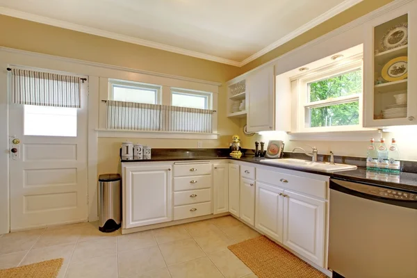 Keuken met wit kasten en vlek stalen toestellen. — Stockfoto