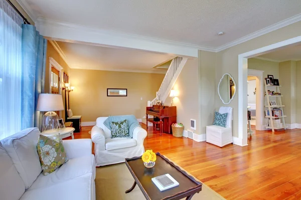 Krásné bílé, modré a béžové obývací pokoj. — Stock fotografie
