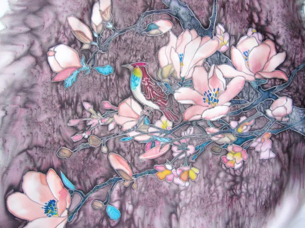 Peinture avec oiseau et magnolia rose . — Photo