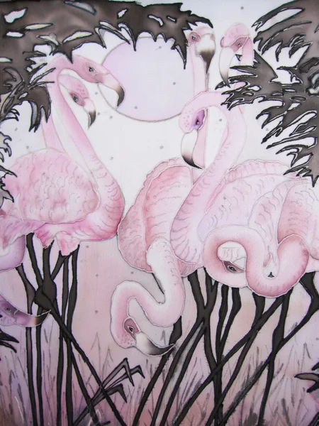 Flamenco rosa y luna con pintura de árboles tropicales — Foto de Stock