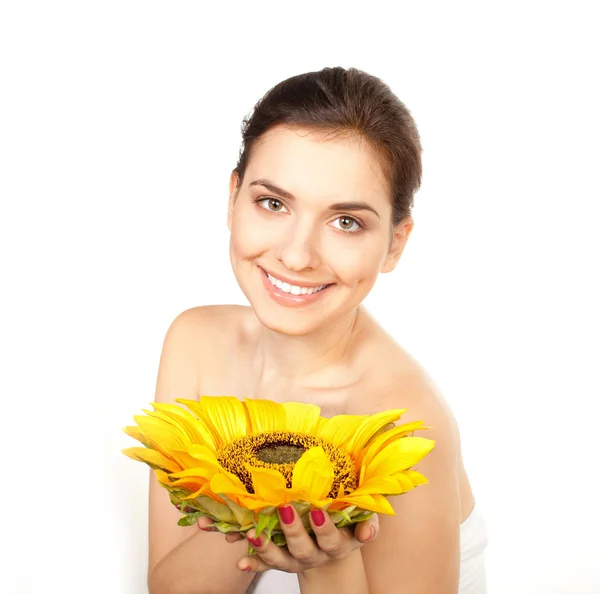 Beautiful happy girl with sunflower — Stock Photo, Image