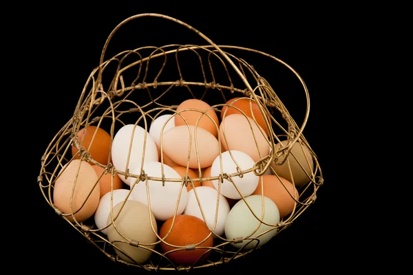 Huevos en canasta de alambre de metal — Foto de Stock