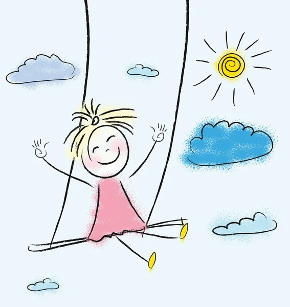 Girtle girl swinging on a swing high in the clouds — Stock Vector