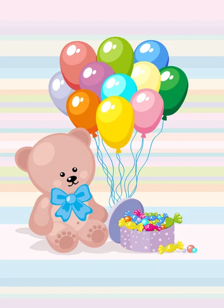Teddybär mit bunten Luftballons und Süßigkeiten — Stockvektor