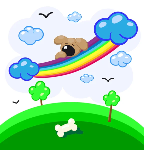 Cute puppy asleep on a rainbow in the clouds — Stock Vector