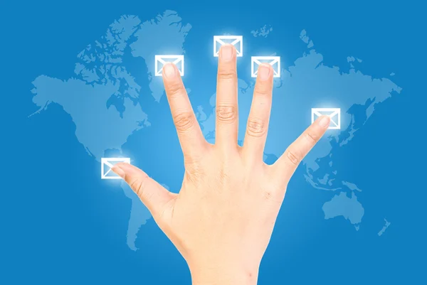 Hand pushing mail social network communication. — Stock Photo, Image