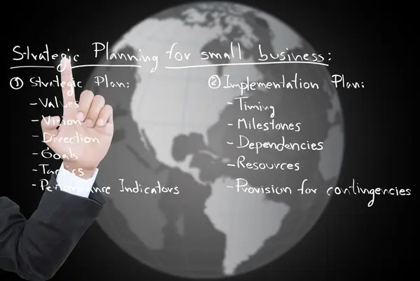 Main poussant la planification stratégique des affaires sur le tableau blanc . — Photo
