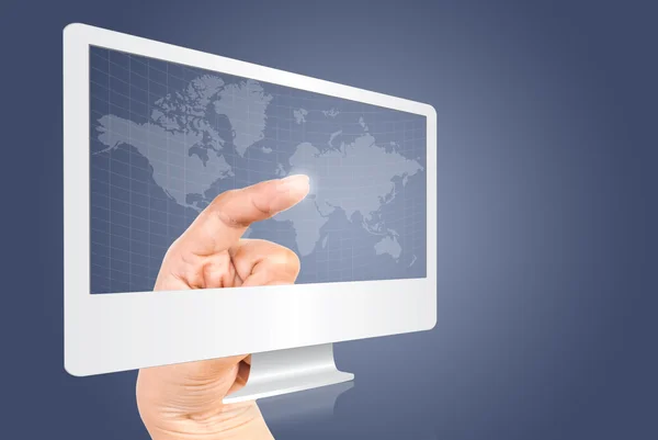 Hand pushing Social Network in monitor screen. — Stock Photo, Image