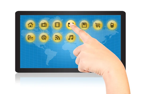 Ruční mačkání digitální tlačítka na obrazovce tabletu. — Stock fotografie