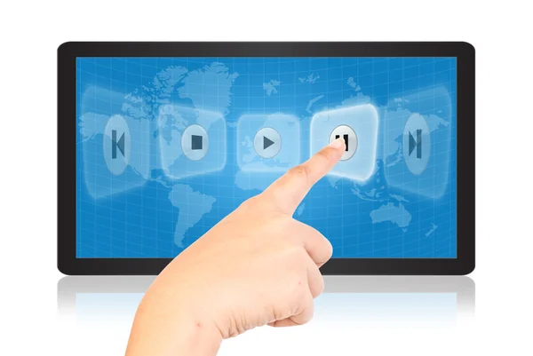Hand drückt digitale Taste auf Tablet-Bildschirm. — Stockfoto
