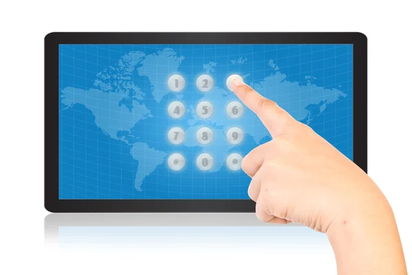 Χέρι πιέζοντας ψηφιακή κουμπί στην οθόνη του tablet. — Φωτογραφία Αρχείου