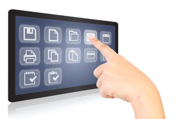 Mão pressionando botão digital na tela do tablet . — Fotografia de Stock