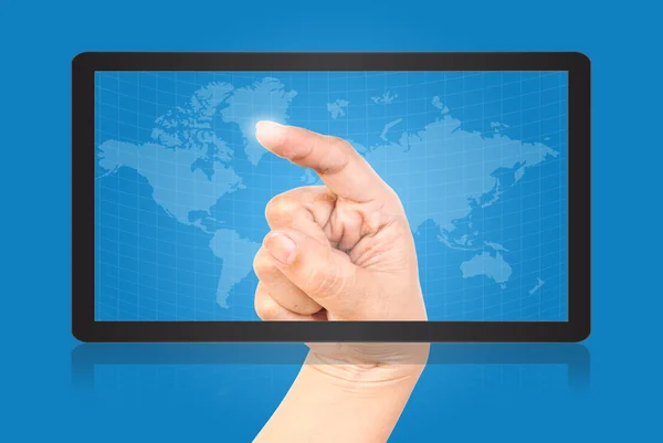 Mão empurrando Rede Social na tela do tablet . — Fotografia de Stock