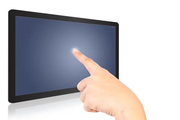 Hand duwen op Tablet PC-scherm. — Stockfoto