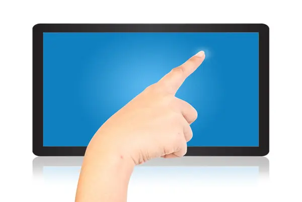 Hand duwen op Tablet PC-scherm. — Stockfoto