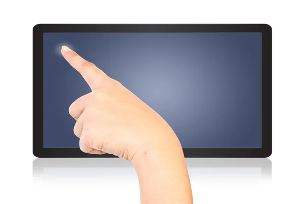 Hand pushing on tablet screen. — Stock Photo, Image