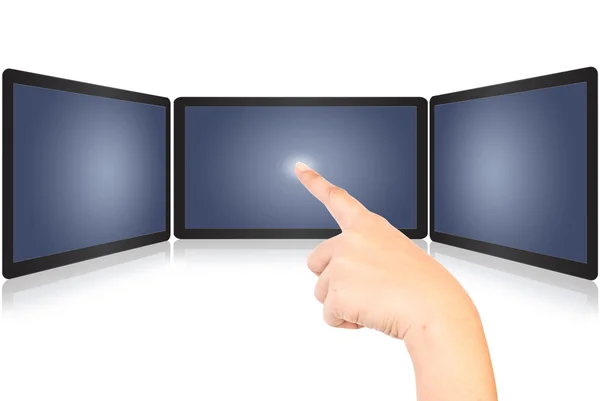 Hand drückt auf Tablet-Bildschirm. — Stockfoto