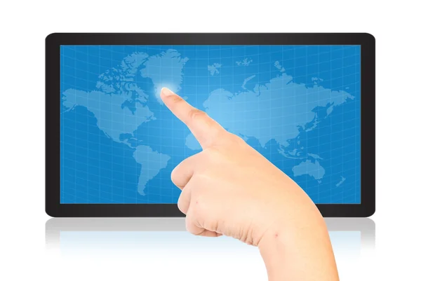 Mão empurrando mapa do mundo na tela tablet . — Fotografia de Stock