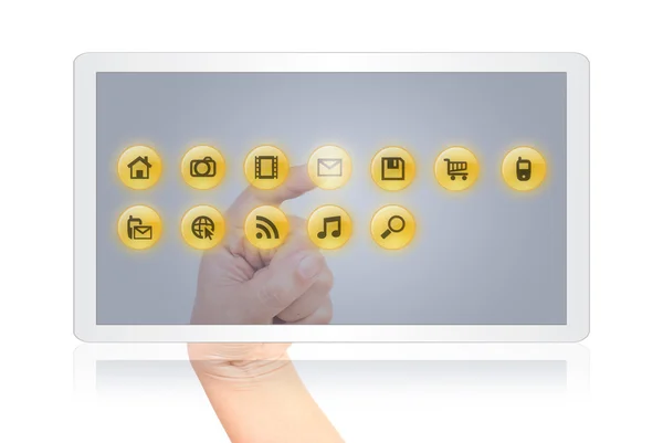 Hand trycka digitala knappen på Tablet PC-skärmen. — Stockfoto