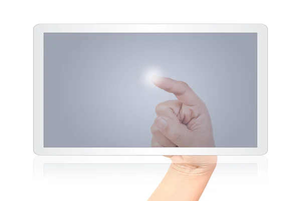 Mão empurrando na tela do tablet . — Fotografia de Stock