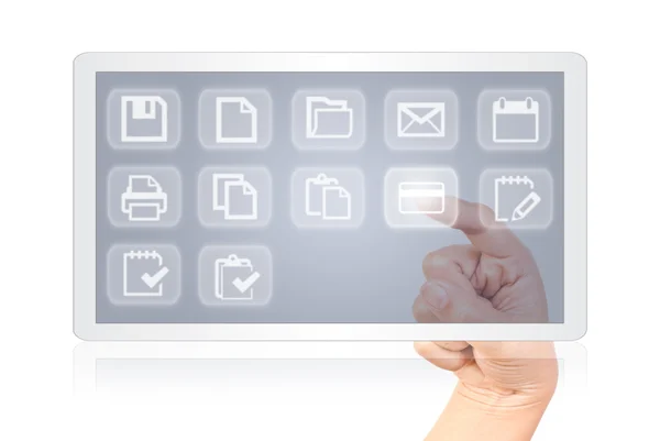 Hand trycka digitala knappen på Tablet PC-skärmen. — Stockfoto