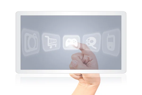 Hand pushing digital button on tablet screen. — Stock Photo, Image