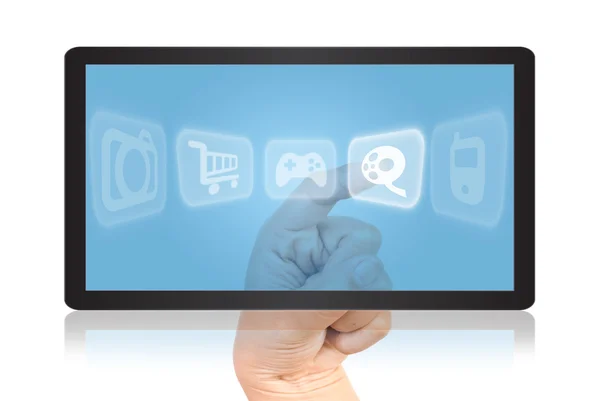 Hand digitale knop te duwen op de Tablet PC-scherm. — Stockfoto