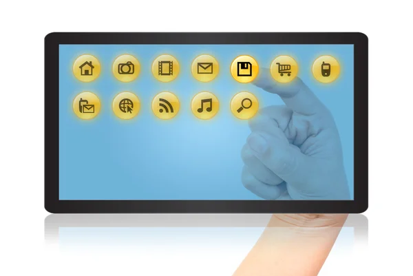Hand pushing digital button on tablet screen. — Stock Photo, Image