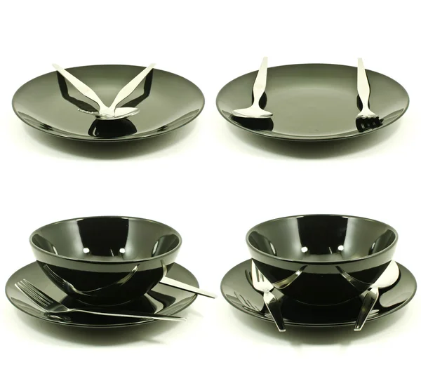 Set di piastra nera vuota e cucchiaio forchetta isolato . — Foto Stock
