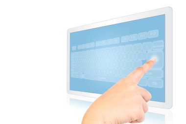 el basarak klavye tablet üzerinde beyaz izole.