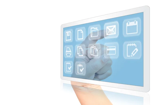 Hand drückt digitale Taste auf Tablet-Bildschirm. — Stockfoto