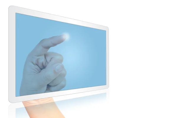 Hand dringende tablet isoleren op de witte. — Stockfoto