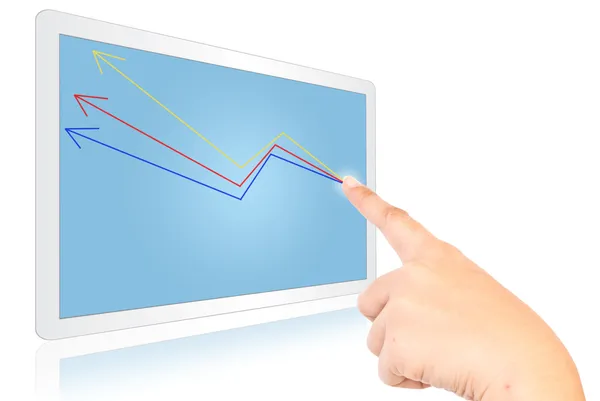 Ręczne przesuwanie finansów wykres na ekranie tabletu. — Zdjęcie stockowe