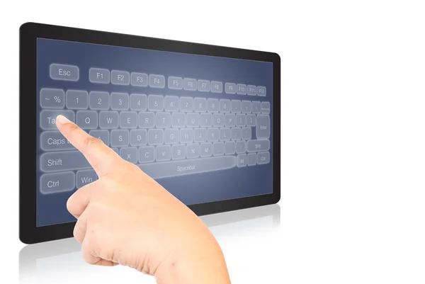 Appuyer à la main clavier sur tablette isoler sur le blanc . — Photo