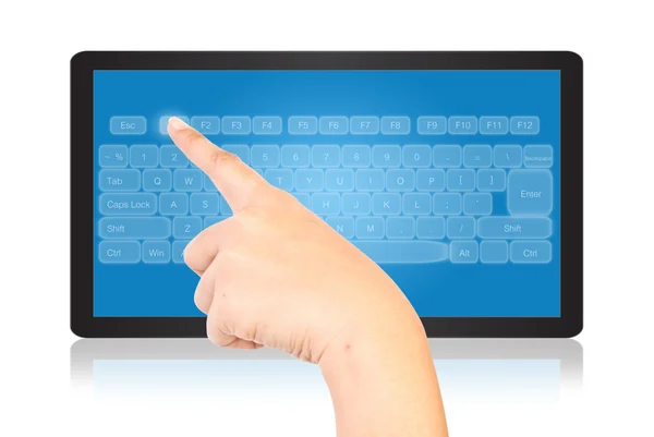 Hand dringende toetsenbord op Tablet PC isoleren op de witte. — Stockfoto