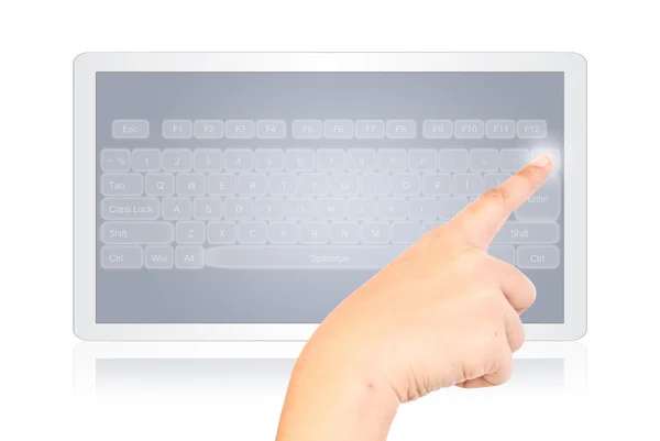 Hand dringende toetsenbord op Tablet PC isoleren op de witte. — Stockfoto