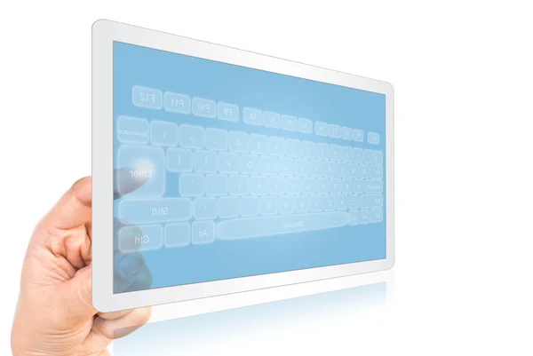 Hand dringende toetsenbord op Tablet PC isoleren op de witte. — Stockfoto