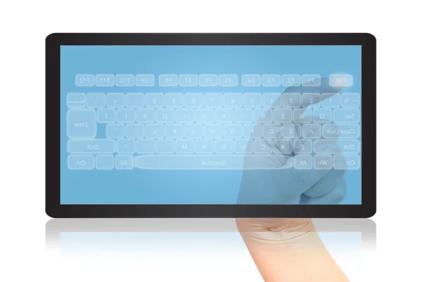 Hand pressing keyboard on tablet isolate on the white. — Stock Photo, Image