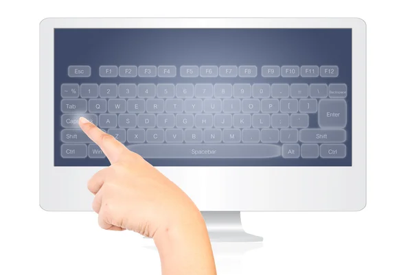Mão pressionando teclado no monitor isolar no branco . — Fotografia de Stock