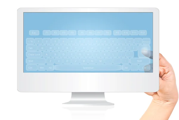 Hand aanraken toetsenbord op de monitor scherm isolaat op de witte. — Stockfoto