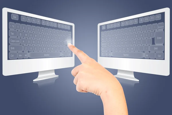 Mão tocando teclado na tela do monitor isolar no branco . — Fotografia de Stock