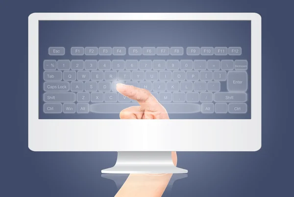 Hand röra tangentbordet på skärmen isolatet av bildskärmen på vita. — Stockfoto