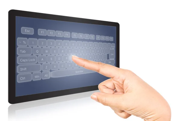 Hand aanraken toetsenbord op Tablet PC scherm isolaat op de witte. — Stockfoto