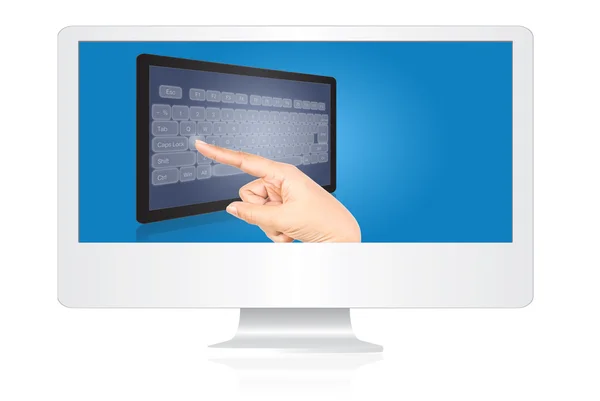 Strony dotykania klawiatury na izolat ekran monitora na biały. — Zdjęcie stockowe