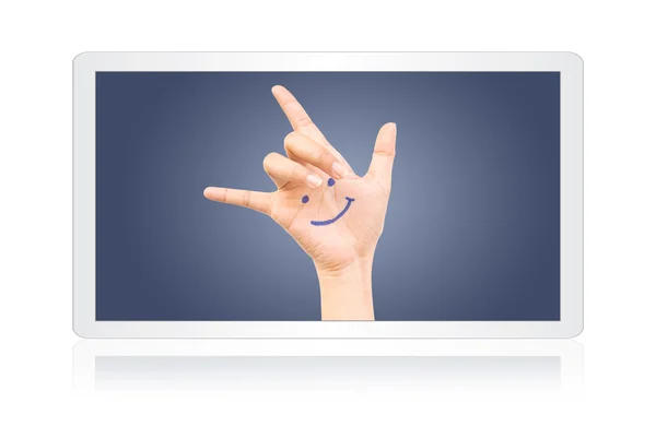 Glimlach op hand op Tablet PC geïsoleerd op de witte. — Stockfoto