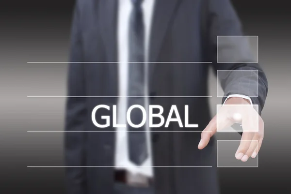 Podnikatel tlačit globální slovo na rozhraní dotykové obrazovky. — Stock fotografie