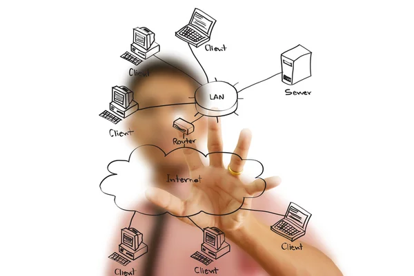 Empresário empurrando o diagrama LAN no quadro branco . — Fotografia de Stock